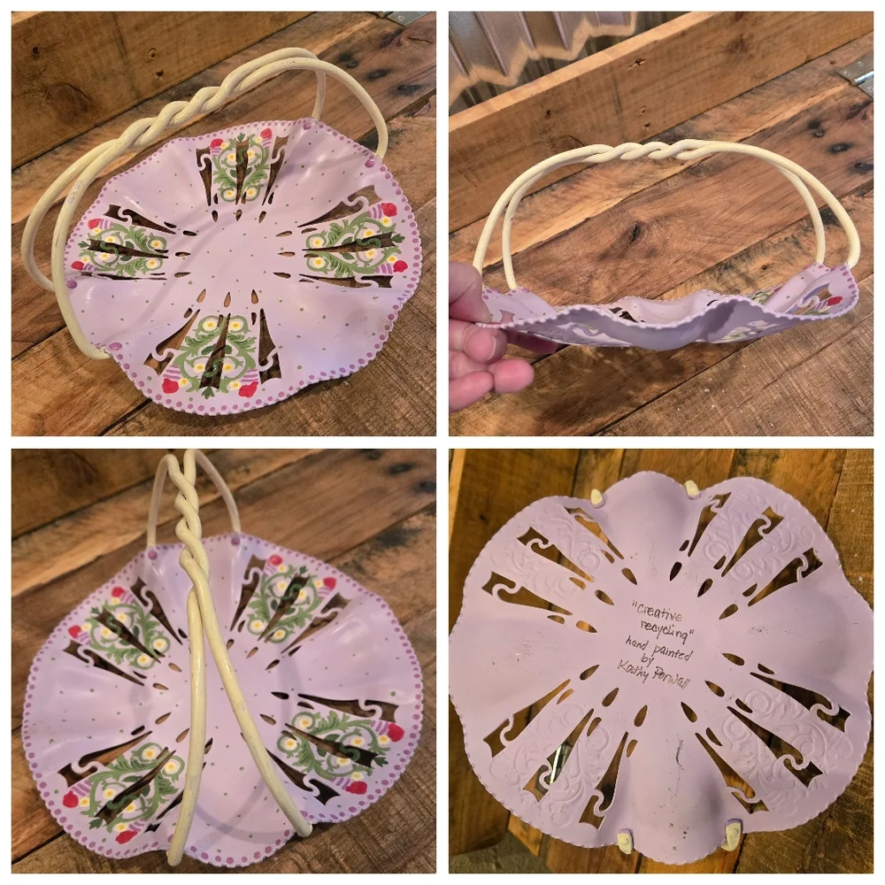 Upcycled vtg metal basket lavender flowers handpainted